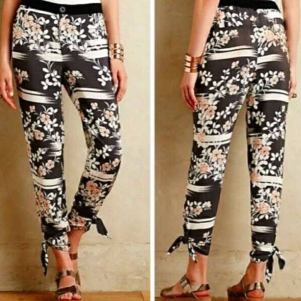 Anthropologie Floral Stripe Ankle-Tie Pants